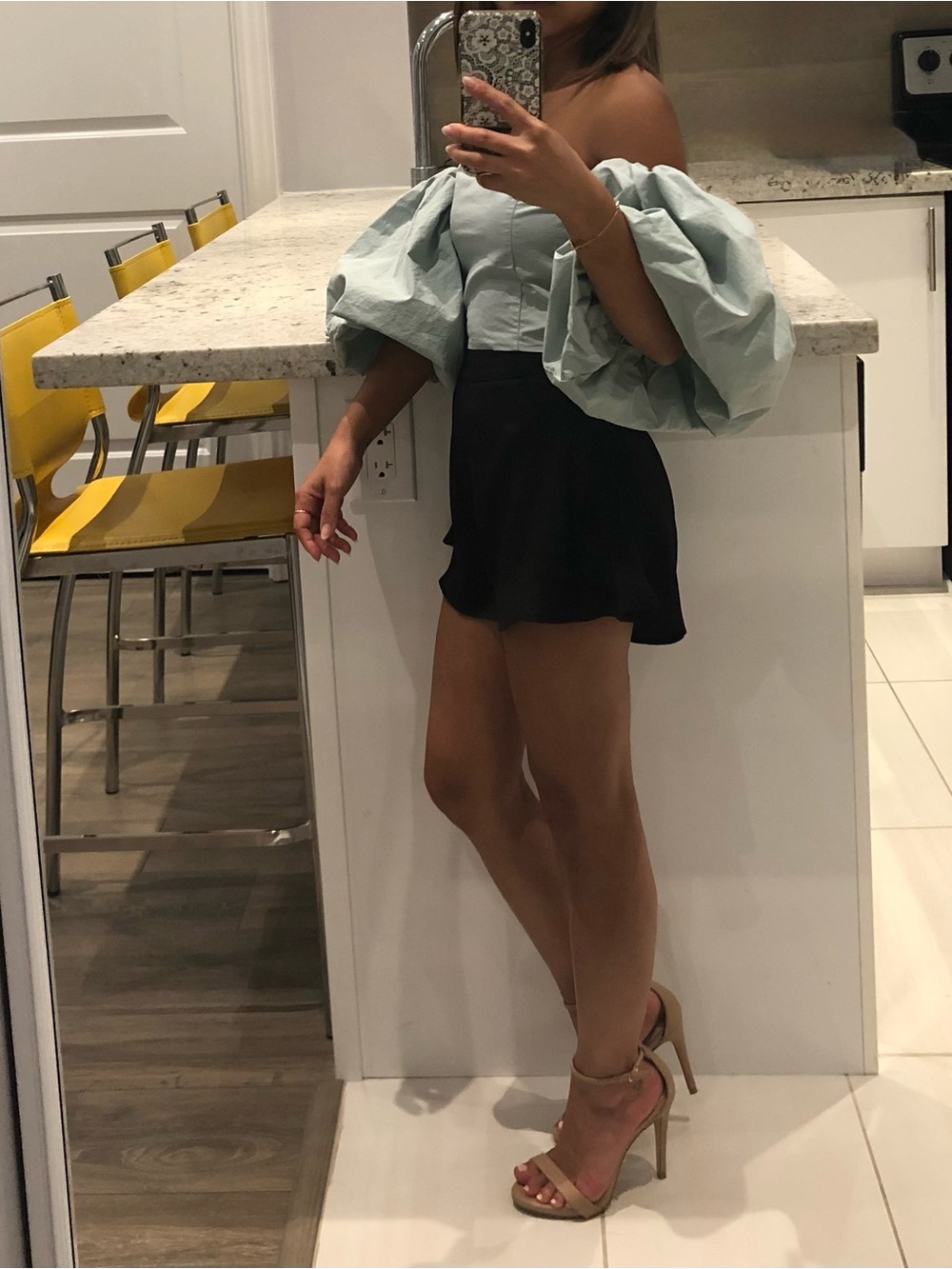storets Pastel Mint Off-Shoulder Puff Sleeve Top